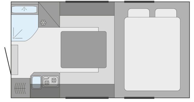 Alternative Grundrissansicht: Tischer 250 mit größerer Liegefläche und zentralem Wohnbereich.