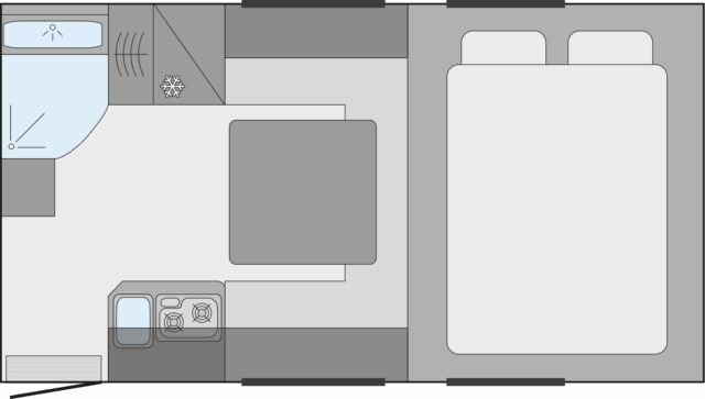Grundriss Tischer 260R mit langer Liegefläche – ideal für Einzelkabine oder extralangen Wohnraum.