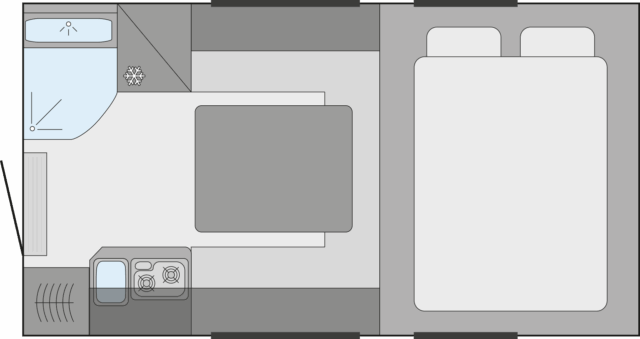 Grundriss der Tischer Trail Box 240 mit Schlafbereich, Küche, Sitzgruppe und Bad.