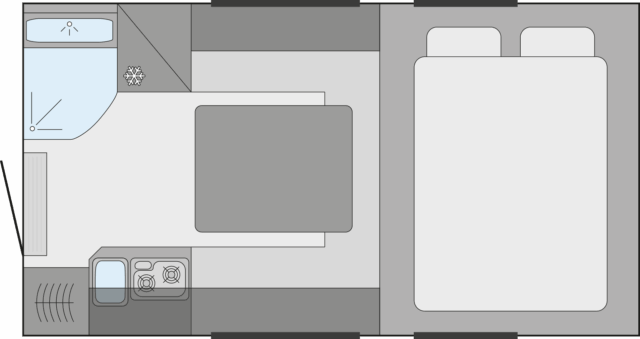 Grundriss der Tischer Trail Box 220 – Schlafbereich, Küche, Bad und Sitzgruppe von oben.