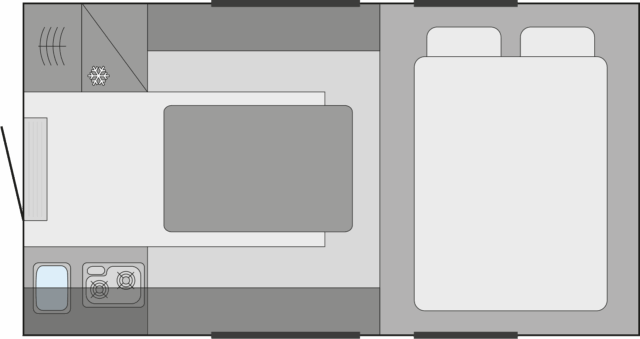 Grundrissdarstellung der Tischer Trail Box 200 – Ansicht von oben mit Bett- und Wohnbereich.